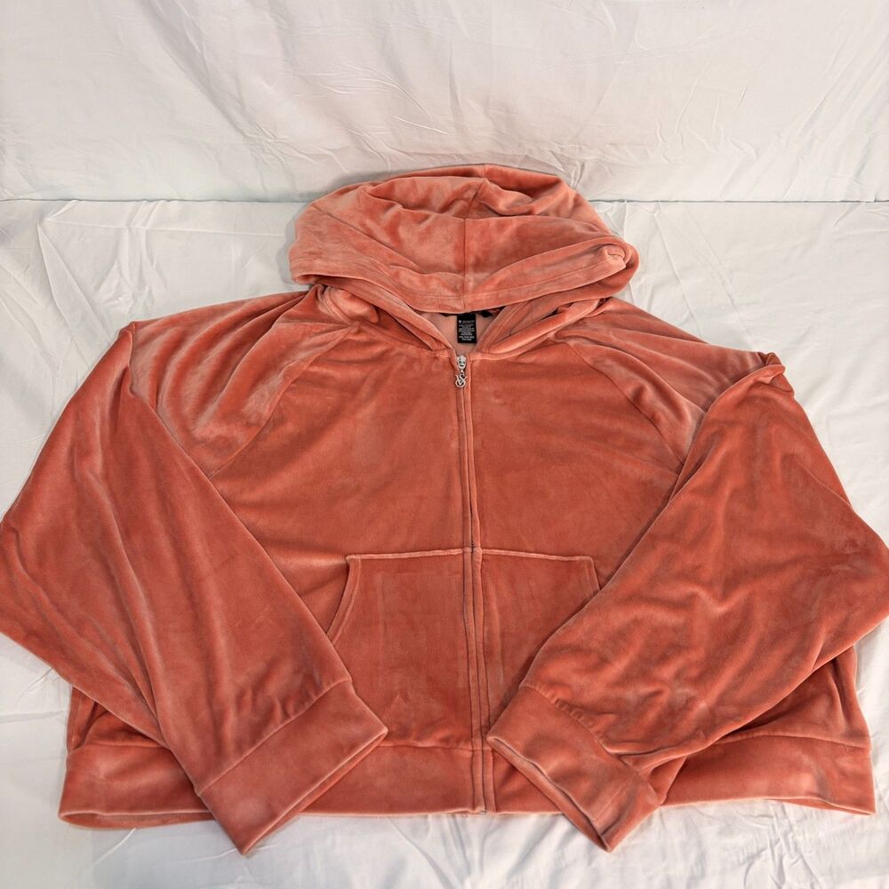 Victoria's Secret On Point Peach Coral Velour Cropped Full-Zip Hoodie Size XXL